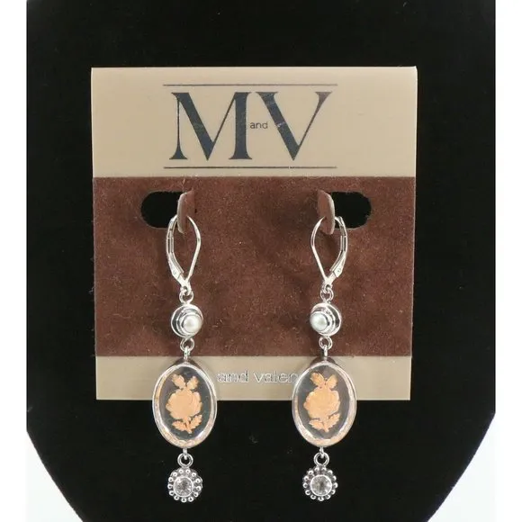 New Mars and Valentine Vintage Sterling Silver Pearl Rose Crystal Dange Earrings - Image 2