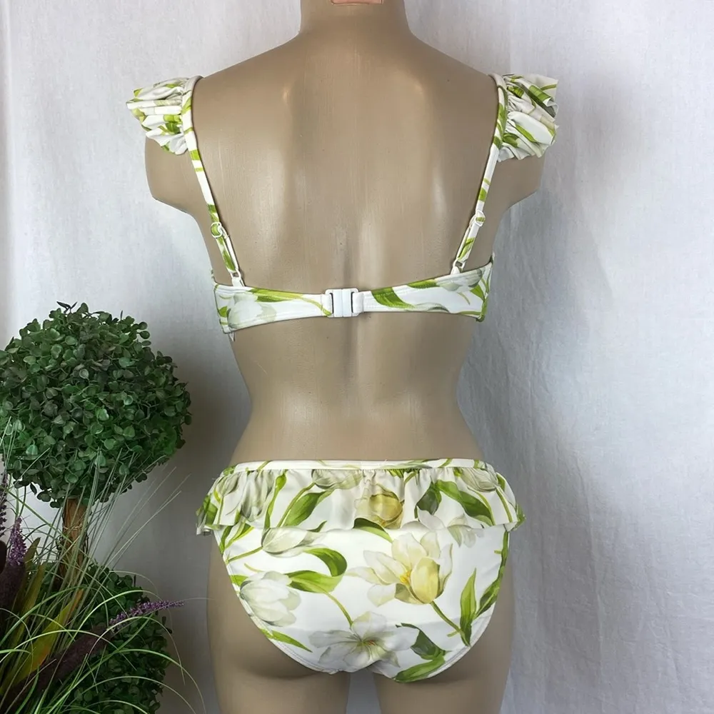 ASOS White & Green Floral Print Ruffle 2 Piece Bikini Swim Bathing Suit Set 8 10 - Image 2