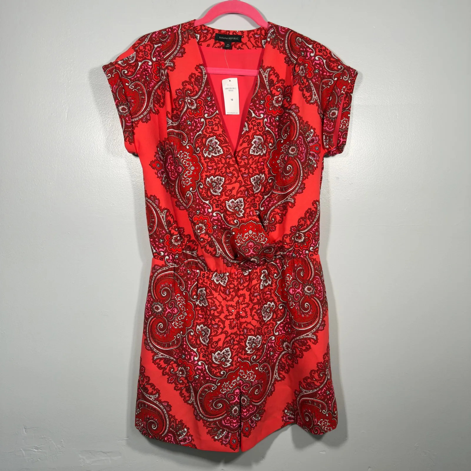Red Paisley Resort Romper Boho Vacation V-Neck Size 10 NWT - Image 2