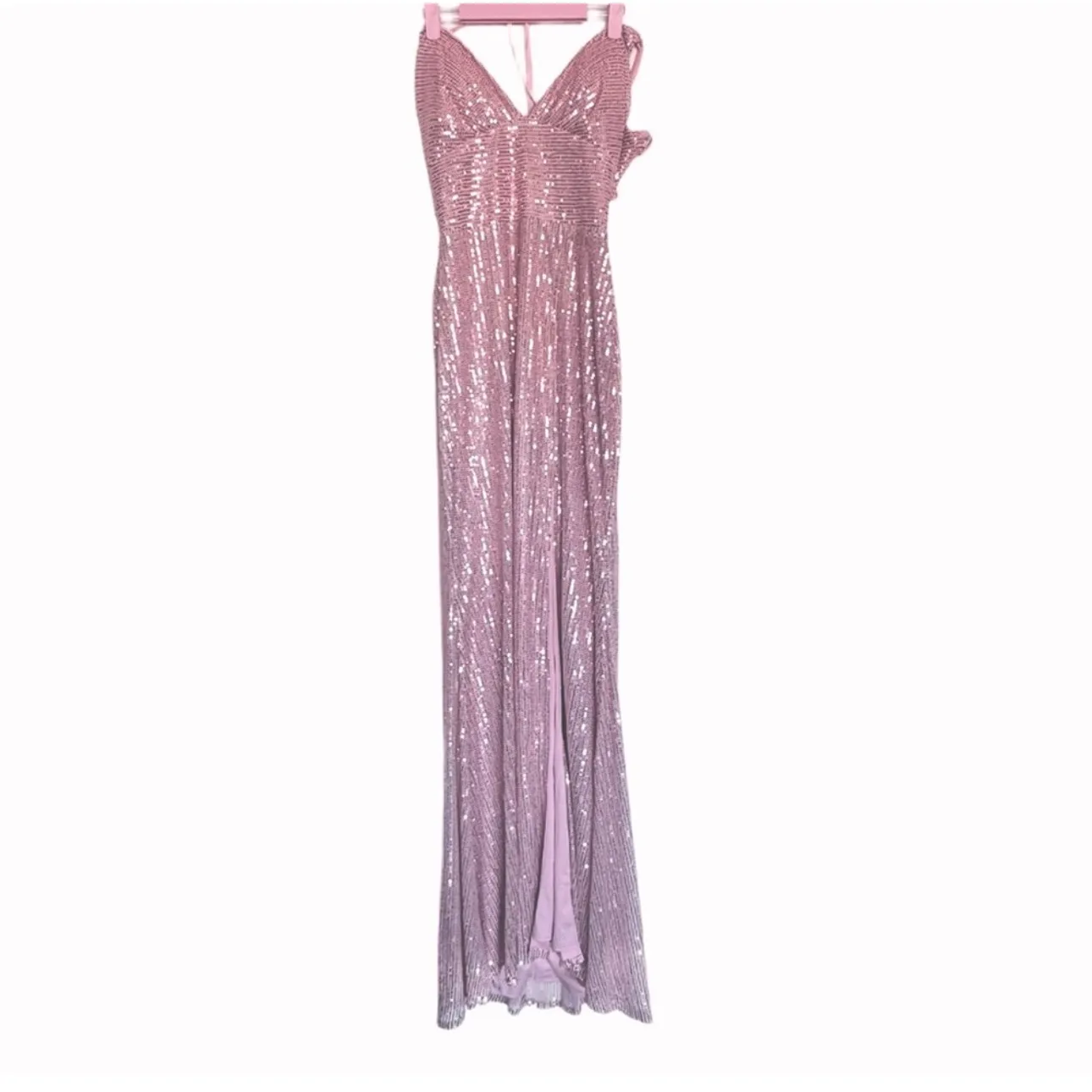 Blush Pink Long VNeck Mermaid Sequin Formal Evening Gown with Slit - Image 4