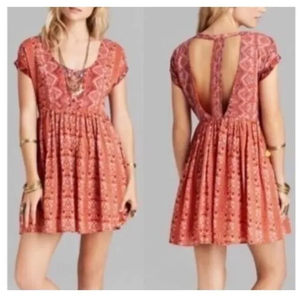 Free People Sundown Babydoll Short Mini Dress Orange Size Medium with pockets! - Image 2