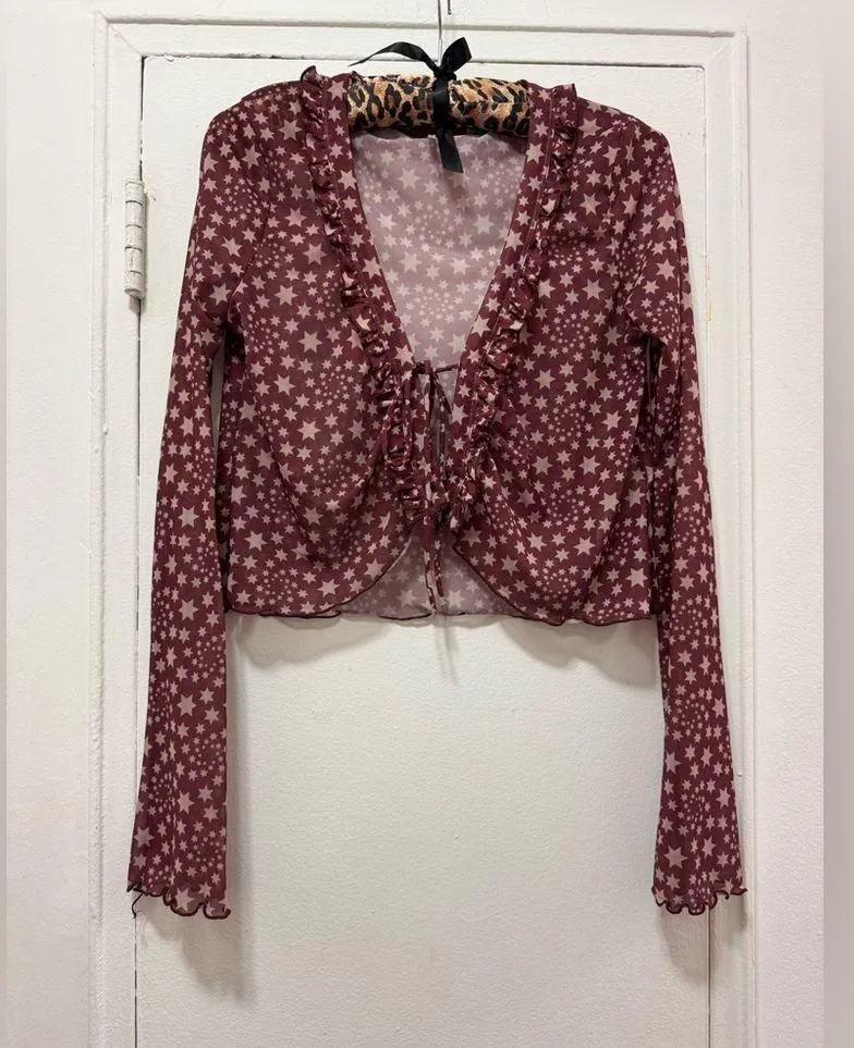 Free People Marne Tie Too Star Shirt Sheer Burgundy Size small - Image 2
