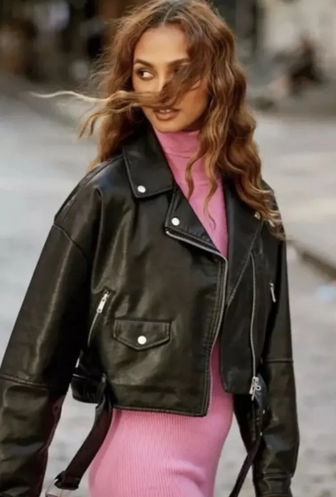 Avec Les Filles Oversized Faux Leather Cropped Moto Jacket Size Medium NWOT - Image 1