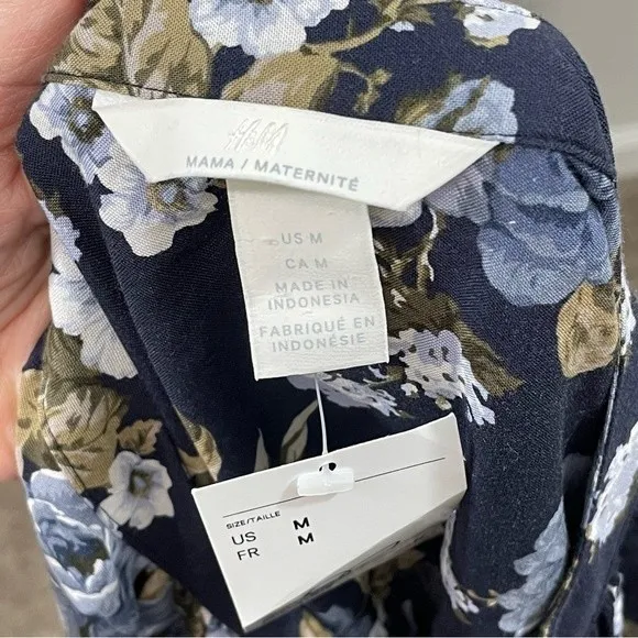 NWT H&M Mama Maternity Navy Blue Floral‎ Button Up Long Sleeve Dress Size MEDIUM - Image 7