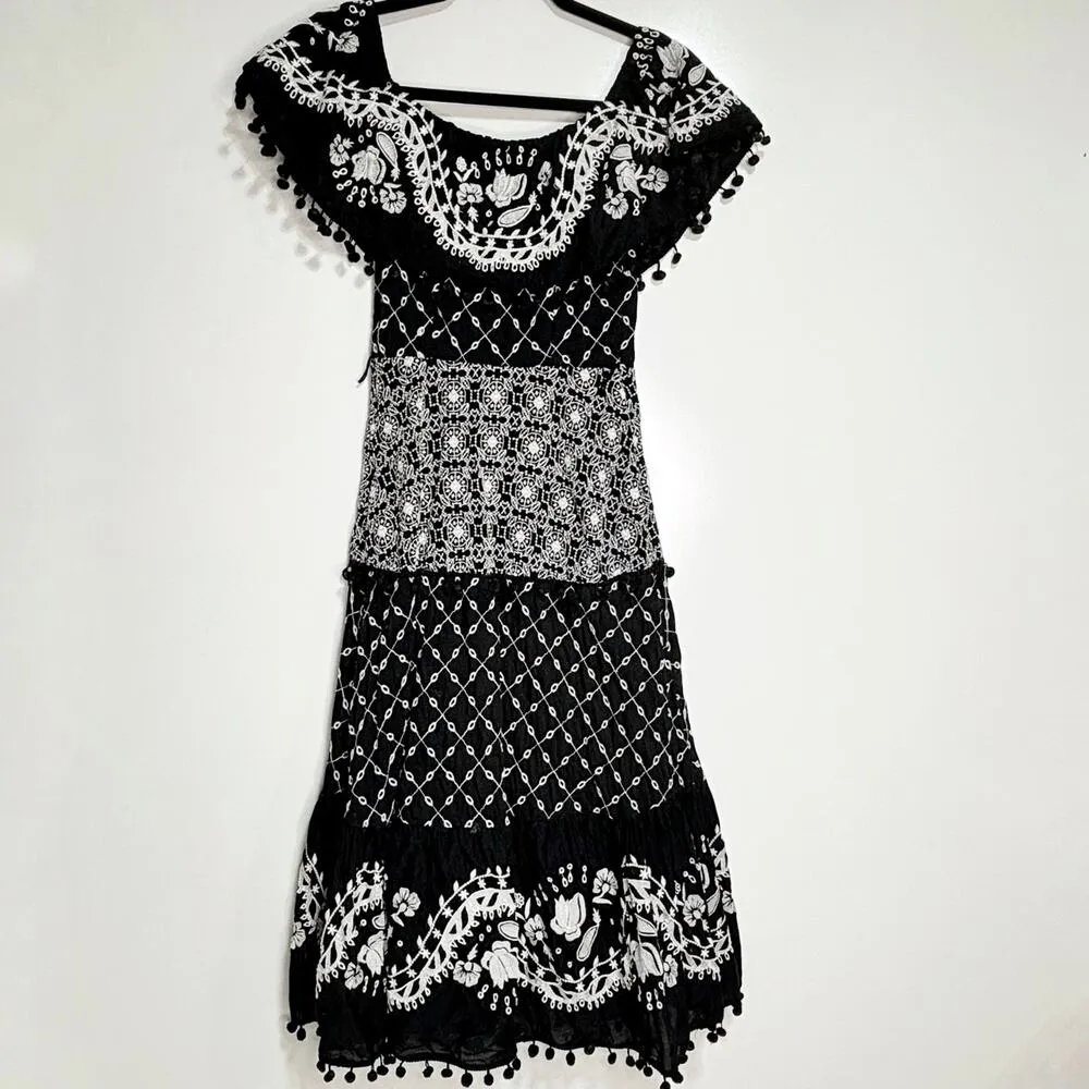 Anthropologie Marisol Off The Shoulder Embroidered Midi Dress Black, White 0 - Image 2