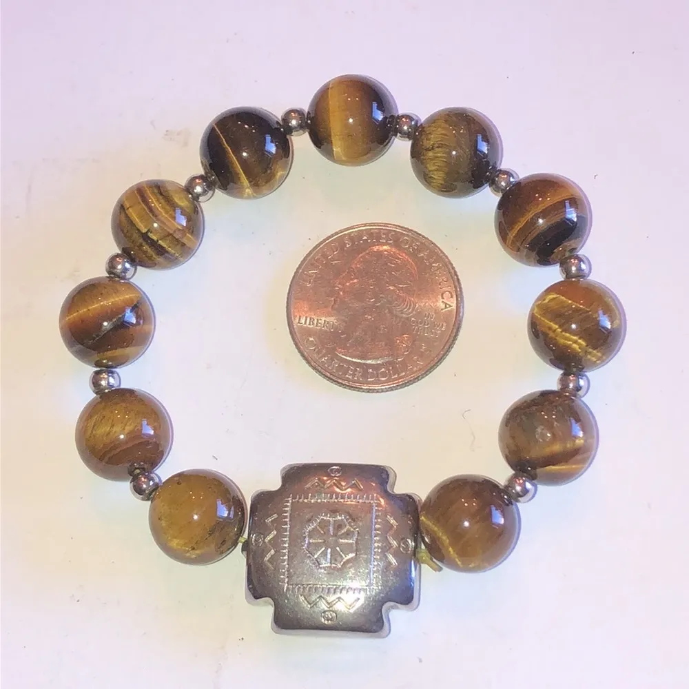 Tigers Eye Beads Boho Silver Tone Tribal Beaded Stretchy Bracelet - Image 7