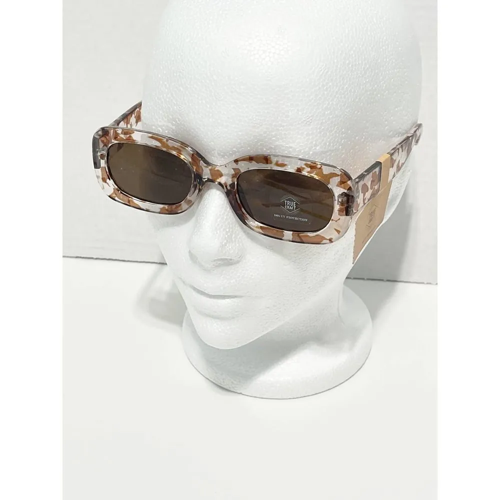 True Craft Small Rectangle Marble Tortoise Shell Printed‎ Sunglasses Clear Brown - Image 2