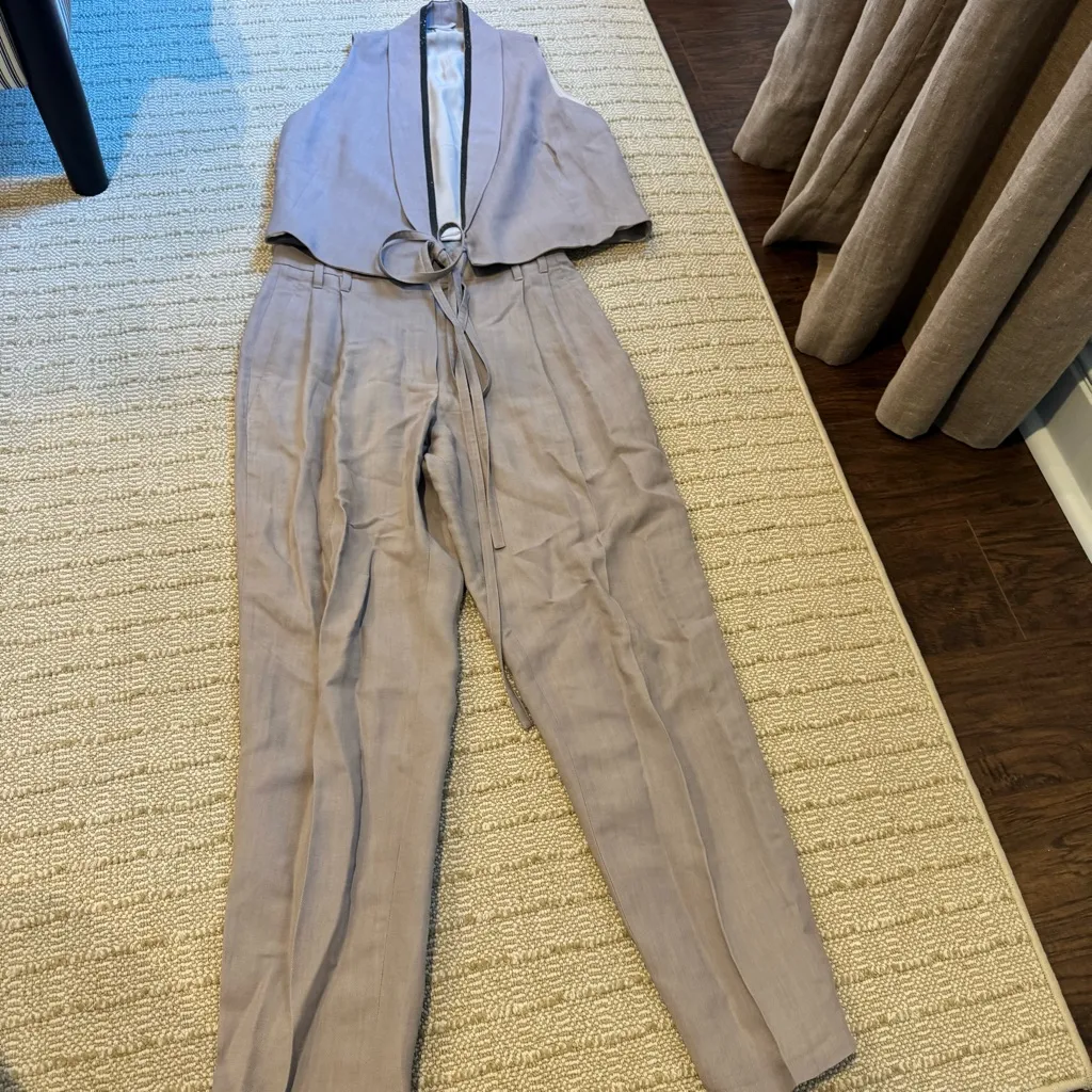 Brunello Cucinelli cropped silk-linen gilet jacket and matching pants | size 2 - Image 3