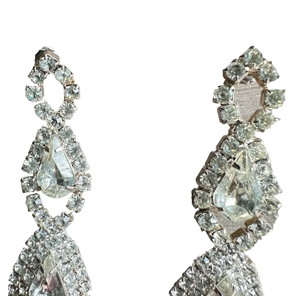 Costume Jewlery Crystal Rhinestone Drop Post Earrings 2.5" Dangle Formal Wedding Silver - Image 2