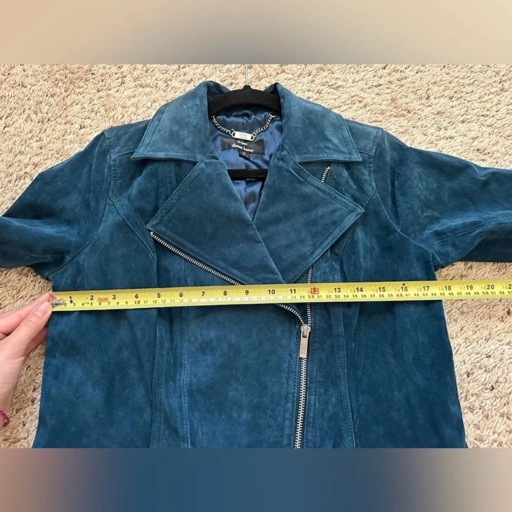Dennis Basso Size XS Teal Blue Chic 100% Suede Leather Moto Zip Jacket Coat - Image 7
