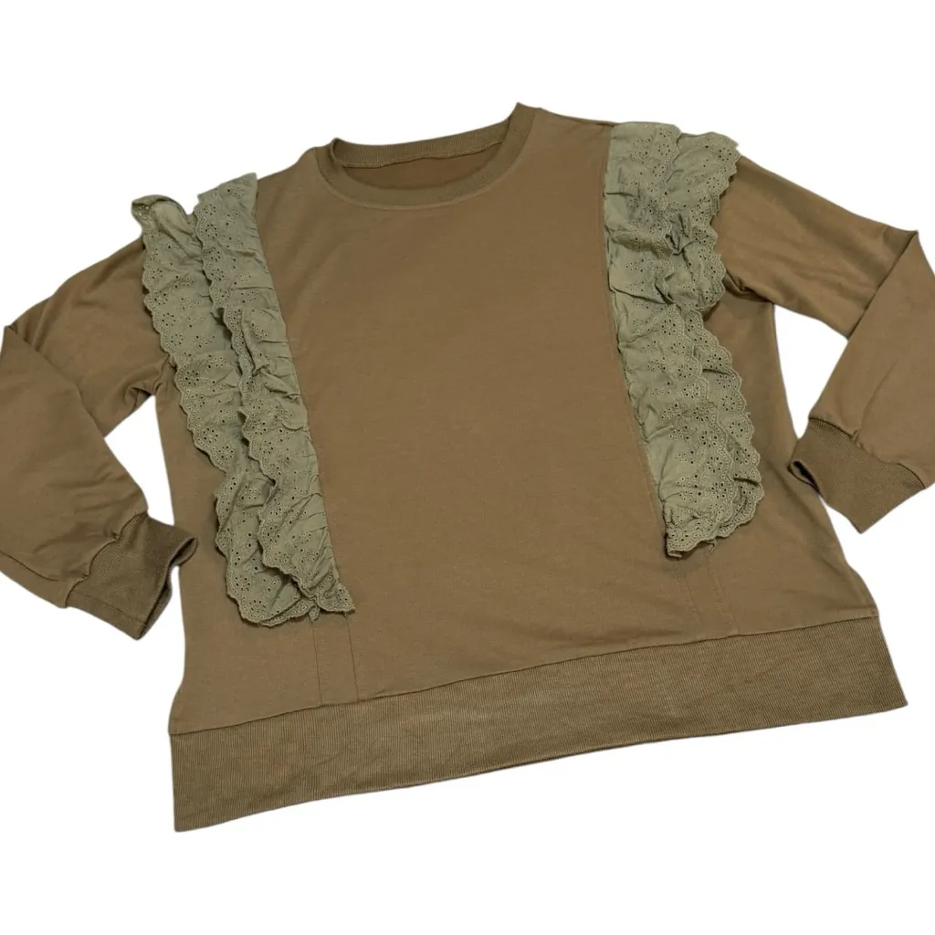 Tan Crew Neck Sweater with Olive Ruffle Details - Image 3