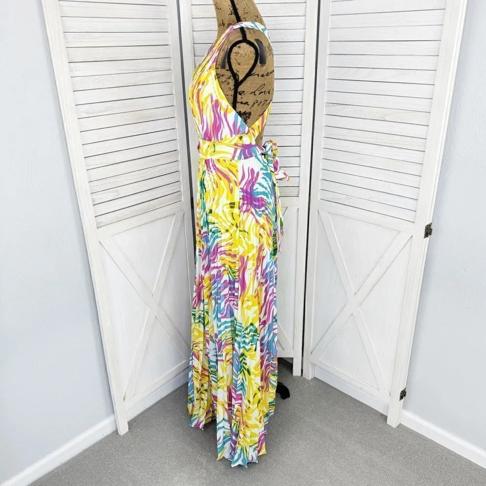 Milly Oria Waves of Zerbra Pleated Halter Maxi Dress Yellow Pink Multi Size 4 - Image 3
