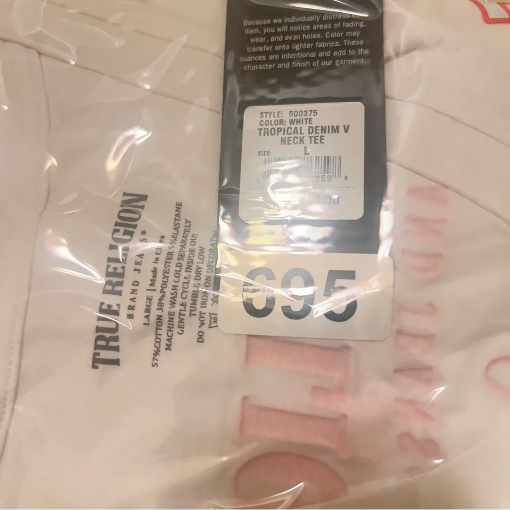 True Religion Women Tropical Denim‎ neck tee Sz large True Logo V Tee white - Image 12