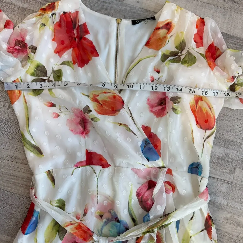 Roz + Ali white floral faux wrap midi dress belt tie lined sheer sleeve 6 I17 - Image 10