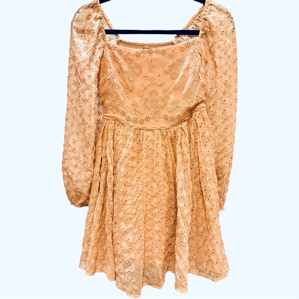 New Free People‎ Malina Mini Babydoll A-Line Eyelet Peachy Pink Boho Dress Small - Image 4