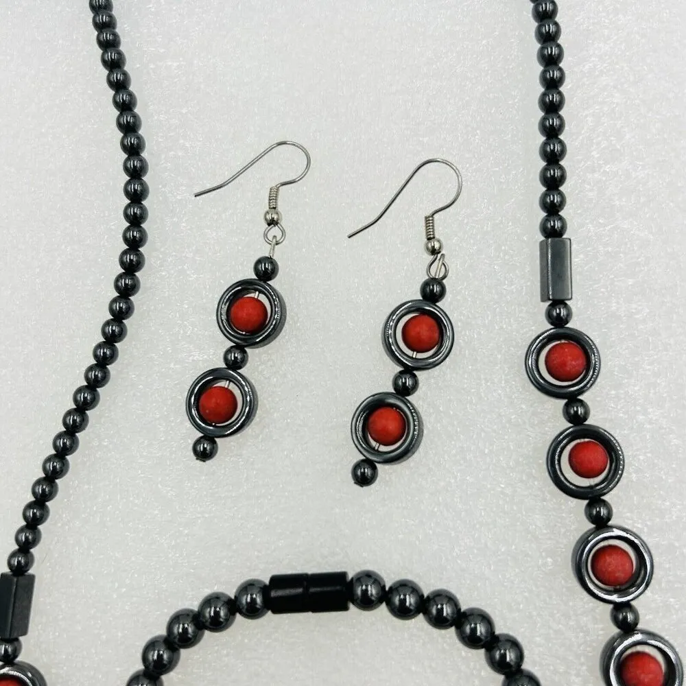 Magnetic Hematite Necklace Bracelet Earrings Set Red Poppy Jasper - Image 4