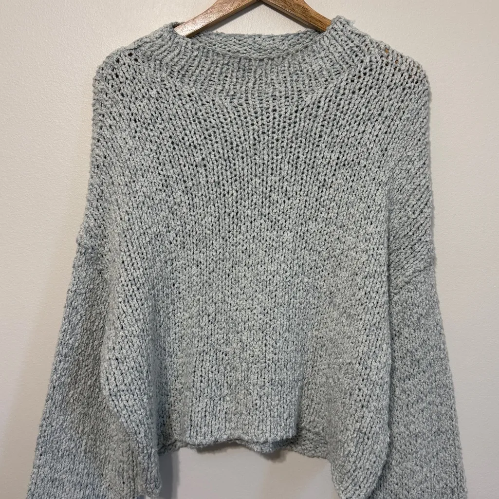 Anthropologie Chunky Knit Sweater Size Large Wide Bell Sleeves Blue Cotton - Image 3