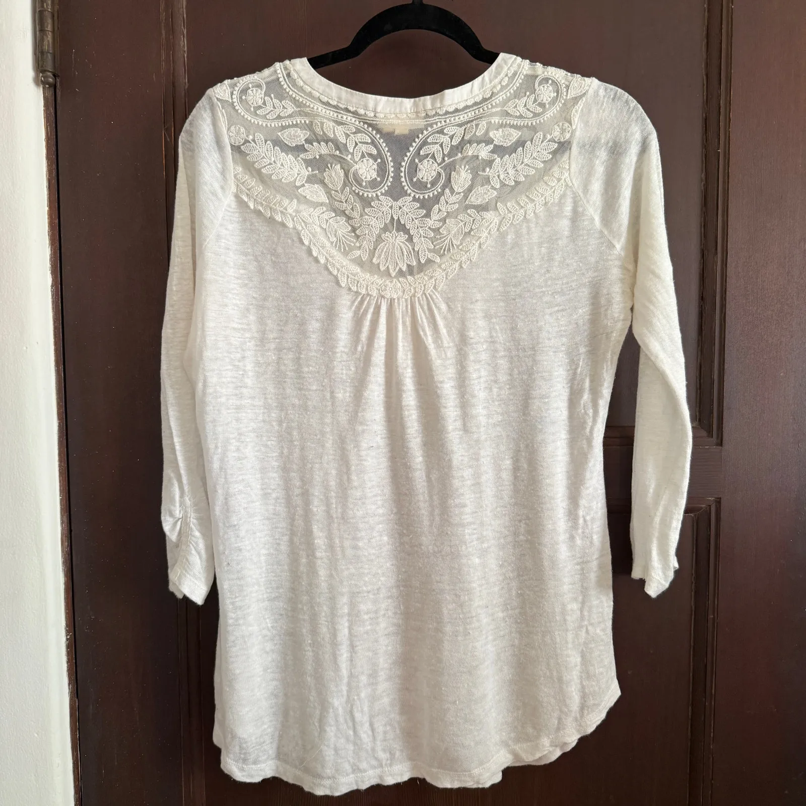 MEADOW RUE White Slub Knit Cloaked Lace Yoke Boho 3/4 Sleeve T - Image 3