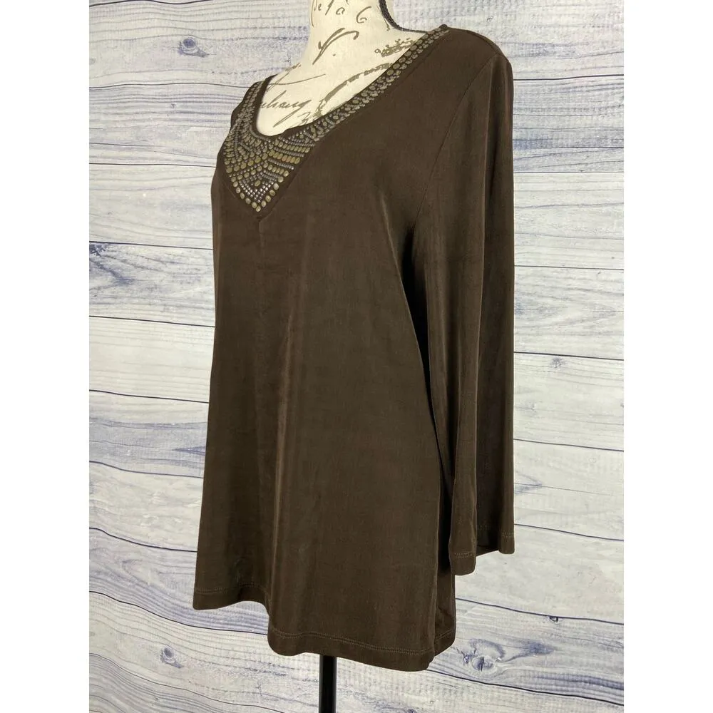 Chicos 1 Travelers Embellished Top Womens M 8 Scoop Neck Slinky Stretch Long Slv - Image 4