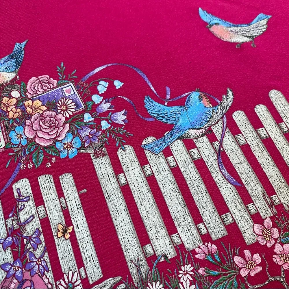 Vintage 90s Blue Jay Floral Love Sweatershirt Size L - Image 6