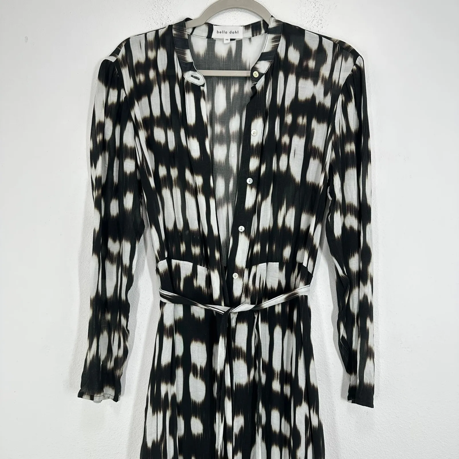 Bella Dahl XS Black White Print Rayon Maxi Dress Button Front Long Sleeve Resort - Image 3