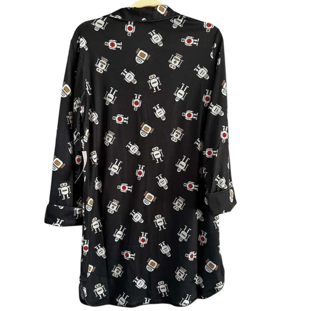 NWT ModCloth Easy Mornings Robot Print Long Sleeve Sleep Shirt Dress Size Small - Image 3