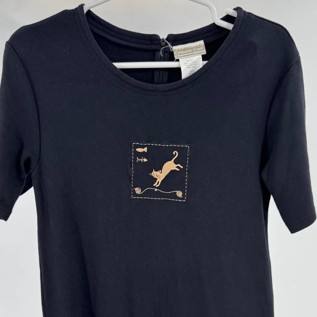 Coldwater Creek Black Maxi Dress embroidered Gold Cat Design L knit stretch - Image 3