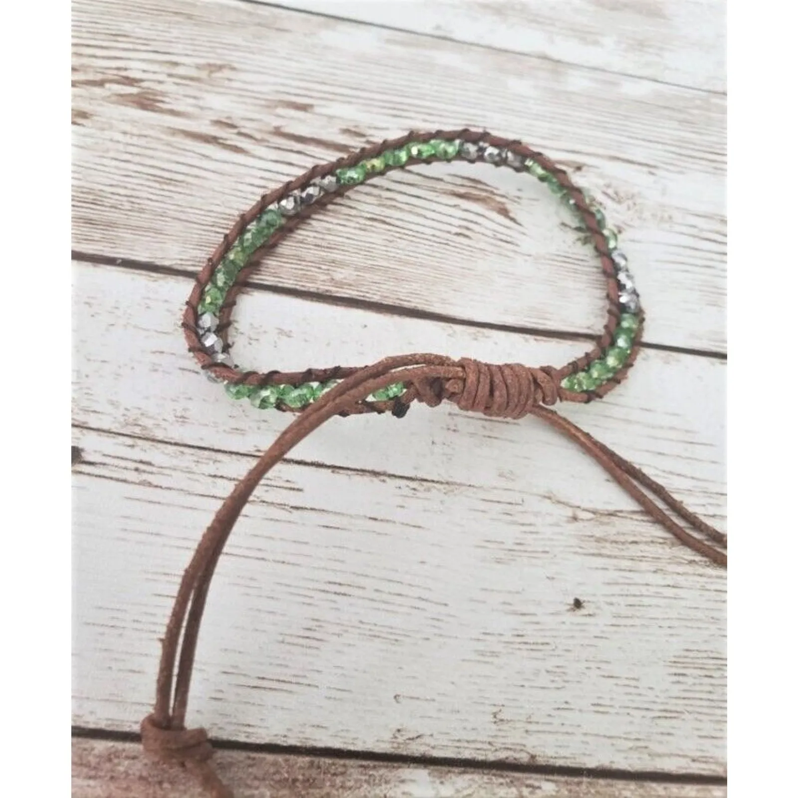 Brown Cord with Green Beads Adjustable Bracelet - Image 3
