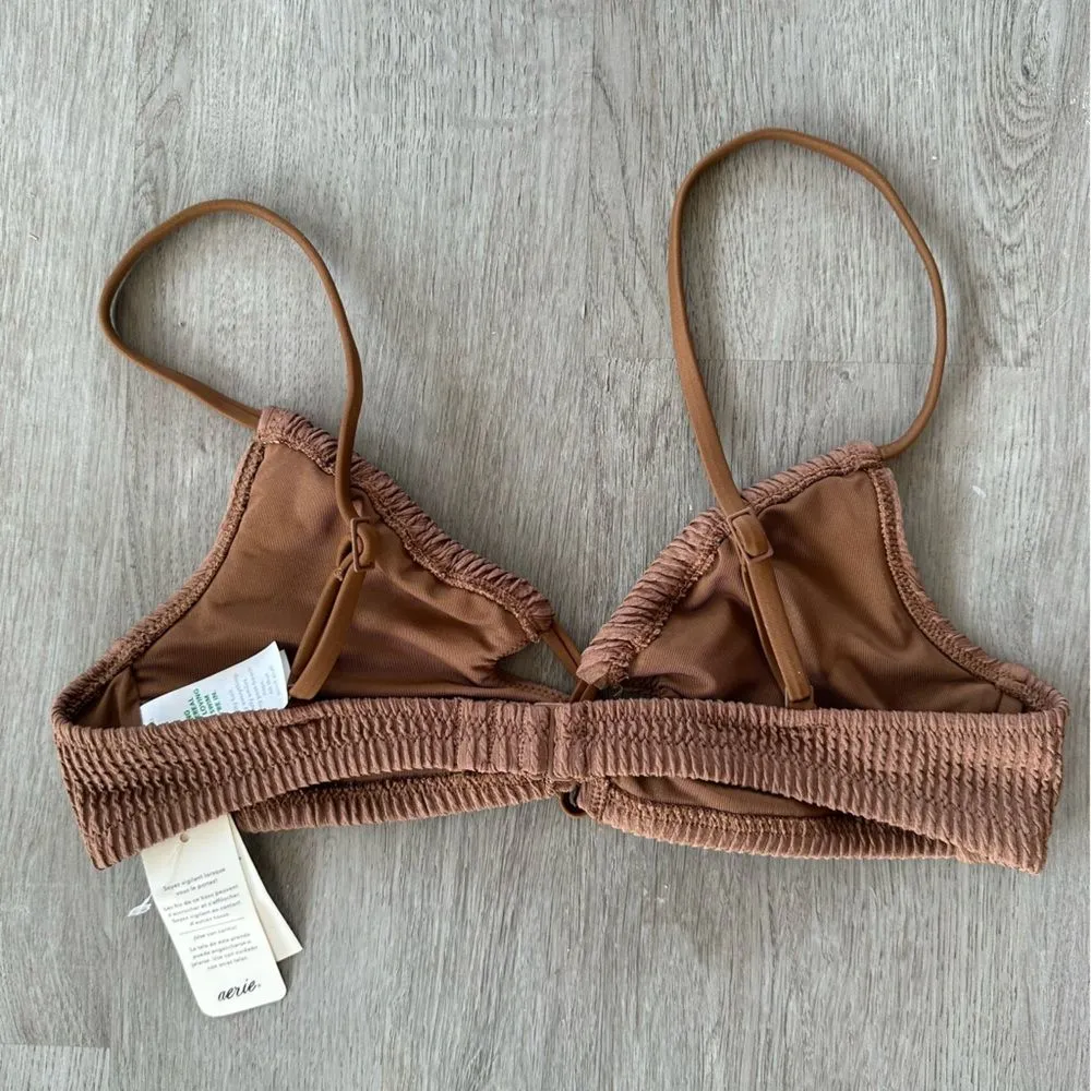 Aerie Crinkle Ribbed Lace Up Bikini Top Swim Women’s Small Brown NEW - Image 3