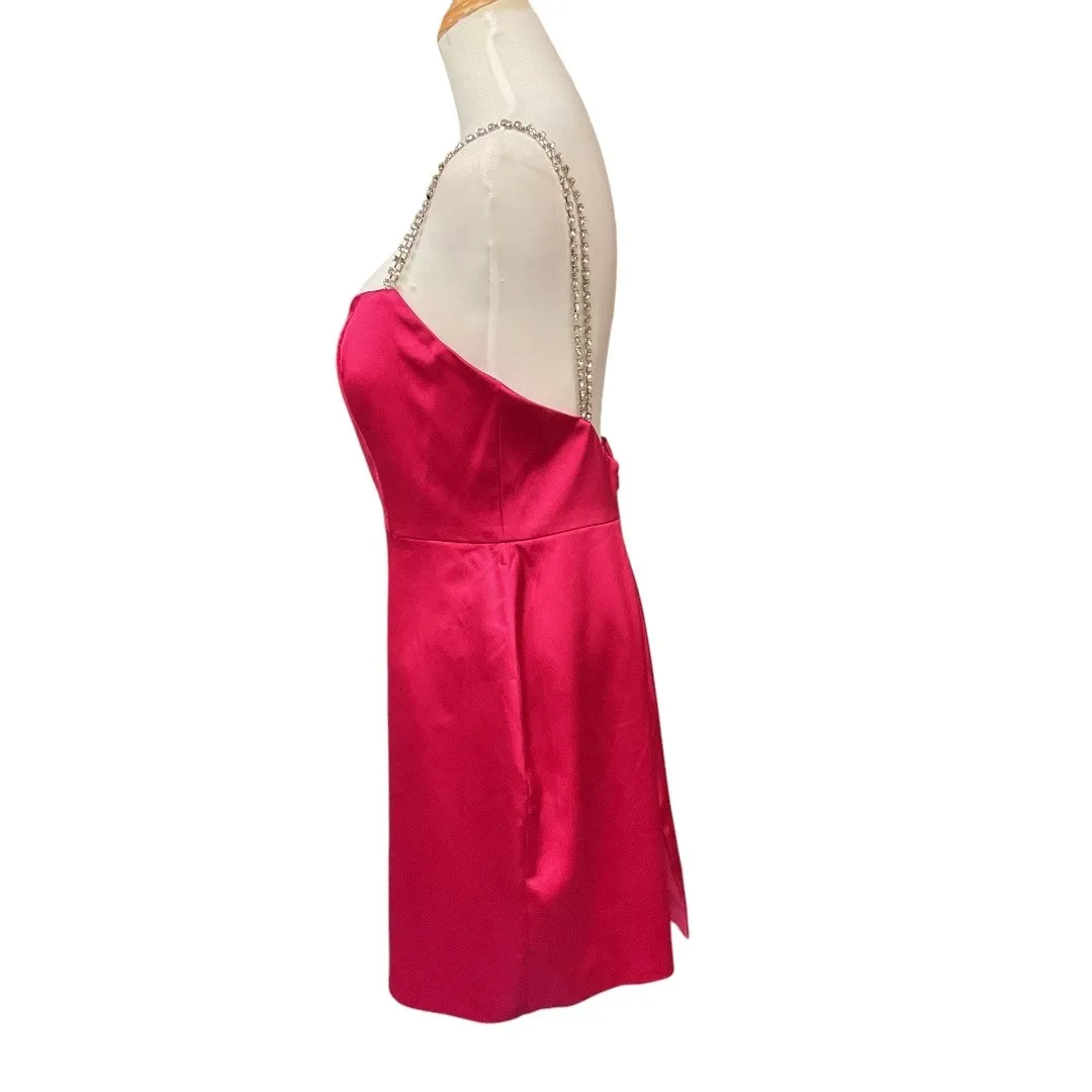 Ieena For Mac Duggal Rhinestone Strap Satin Lined Back Slit Mini Dress Sz 8 NWT Pink - Image 6