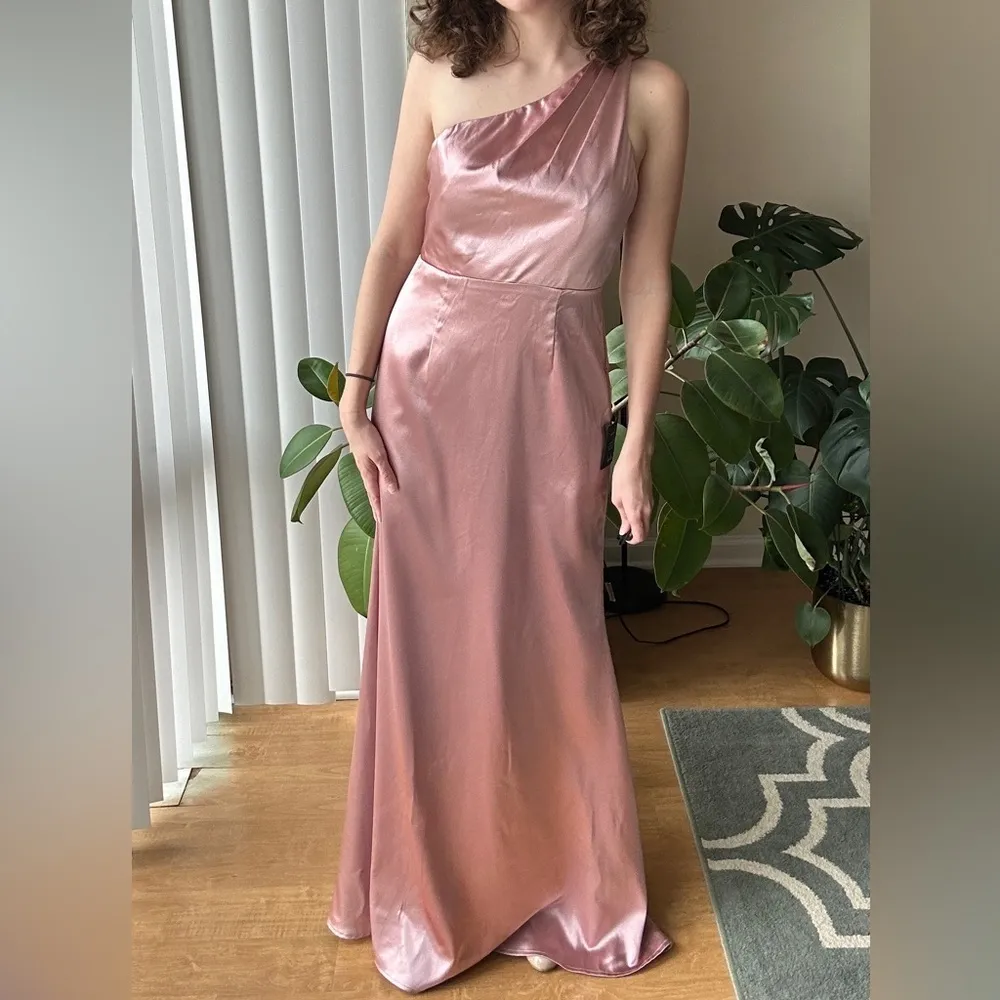 Lulus On the Guest List Mauve Satin One-Shoulder Maxi Dress, Size Small - Image 6
