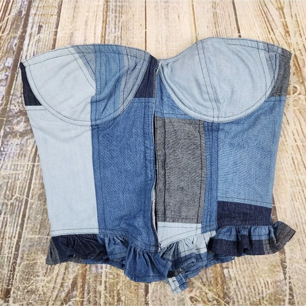Love the Label Valeria Corset Top in Denim Patchwork Blue Size Small Strapless - Image 4