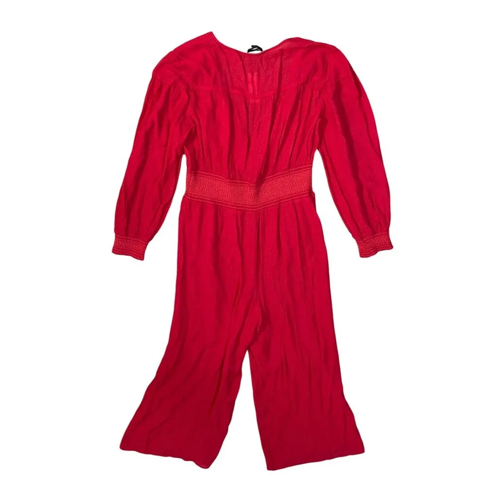 New Current Air Stacey Wide-Leg Jumpsuit Red Smocked Long Sleeve Size XL - Image 3