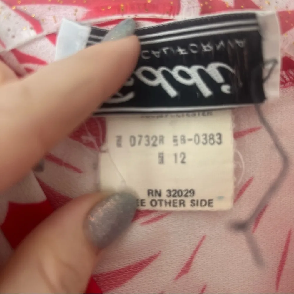 Teddi of California Vintage 70s Red White Palm Leaf Neck Bow Blouse 12 - Image 3