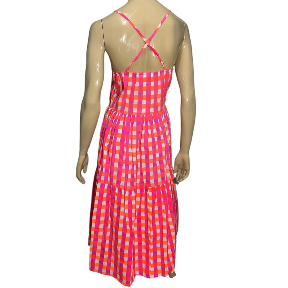 J.Crew x SZ Blockprints NWT Size S Vibrant Pink Orange Gingham Tiered Midi Dress - Image 5