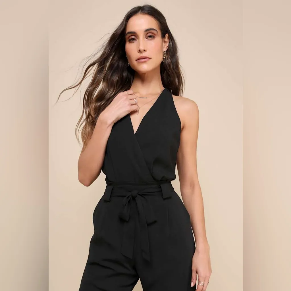 Lulus In the City Black Surplice Sleeveless Jumpsuit - Image 3