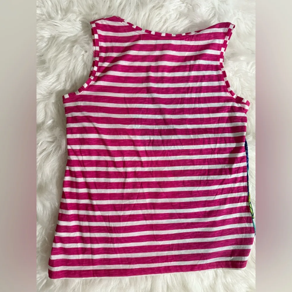 🎄Caribbean Joe Pink and White Striped Tank Top with Blue Floral Design - Image 4