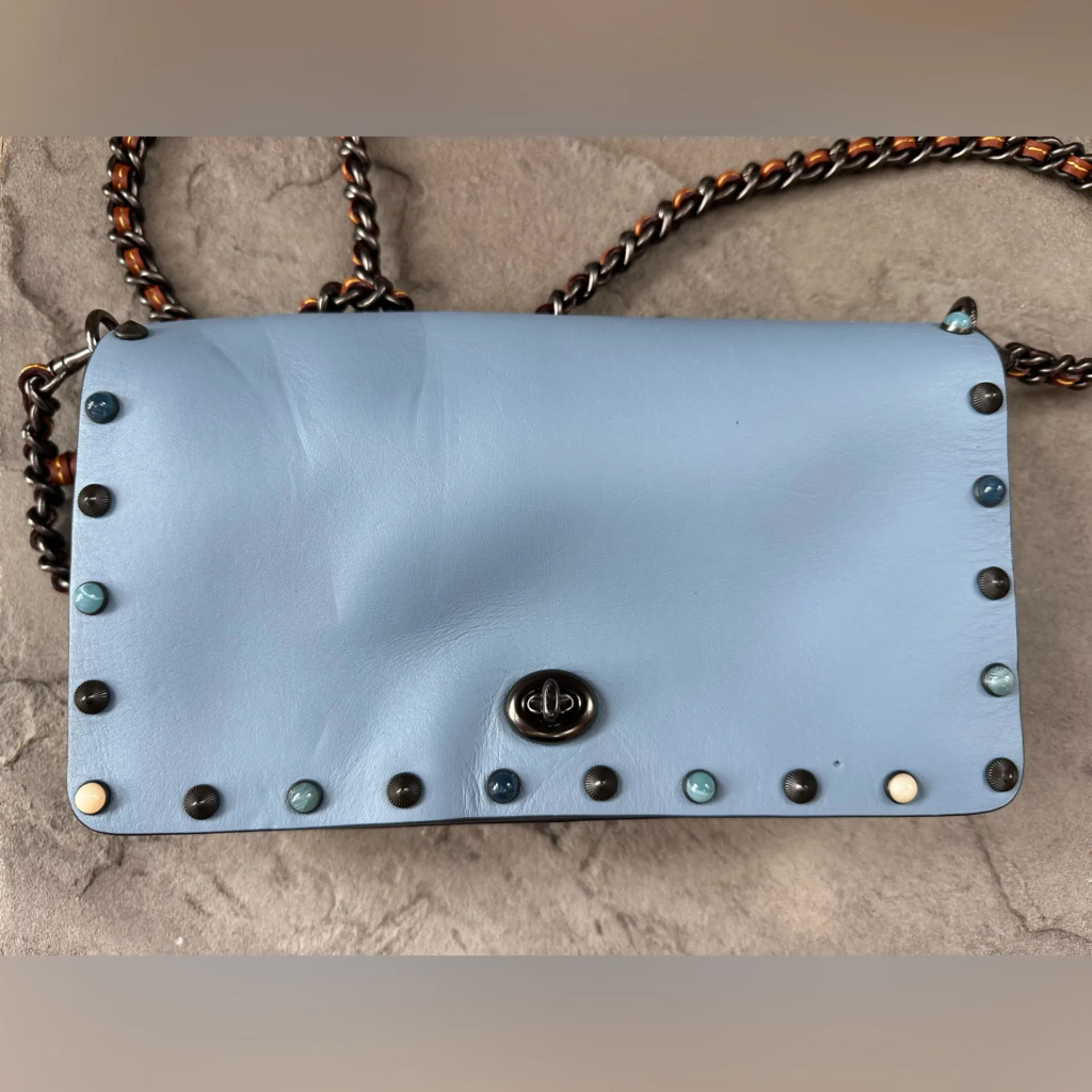 Coach 1941 Dinky With Rivets Glovetanned Leather Light Blue Crossbody. - Image 7
