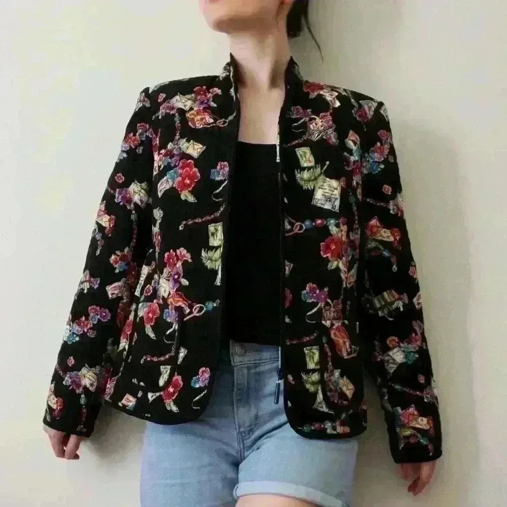 Vintage‎ Quilted Black Jacket Coat Women’s 2X Multicolor Pockets - Image 2