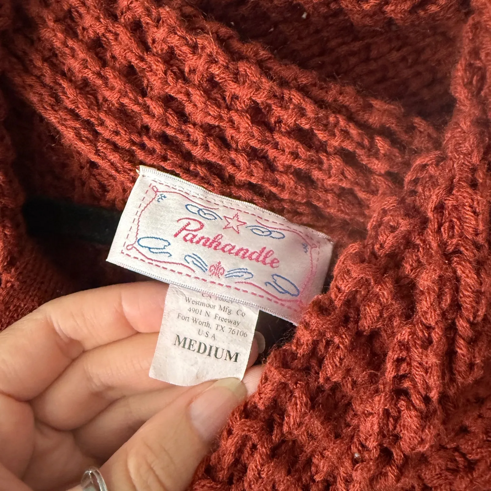 Panhandle Western Rust Red Button‎ Cowl Neck Knit Sweater Medium Cowboy Chunky - Image 4