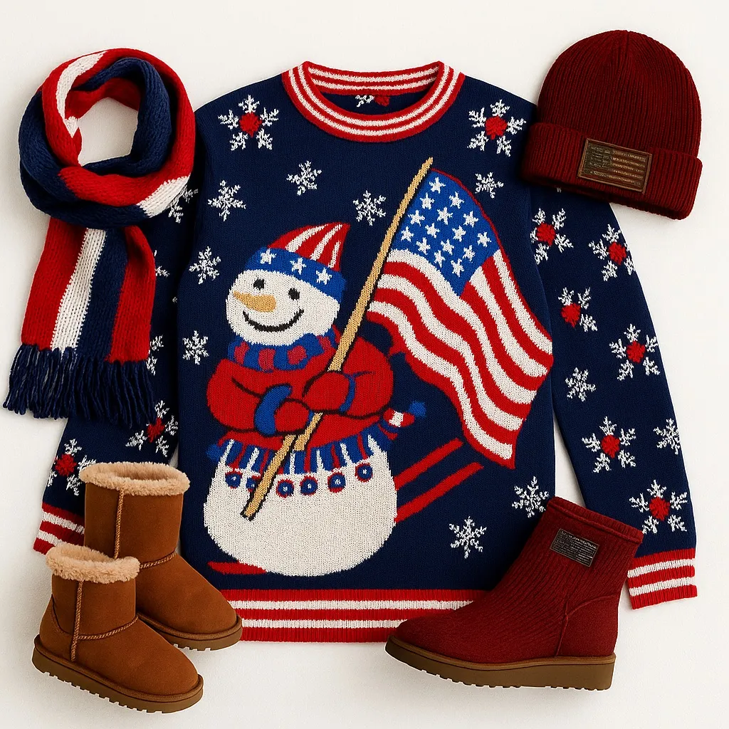 Ugly Christmas Sweater Snowman USA Patriotic Flag Knit Pullover Medium in GUC Blue - Image 12