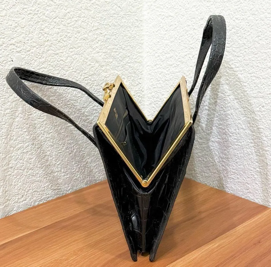 Unique Vintage DOFAN France Black Alligator Croc Embossed Leather Clutch Handbag - Image 11