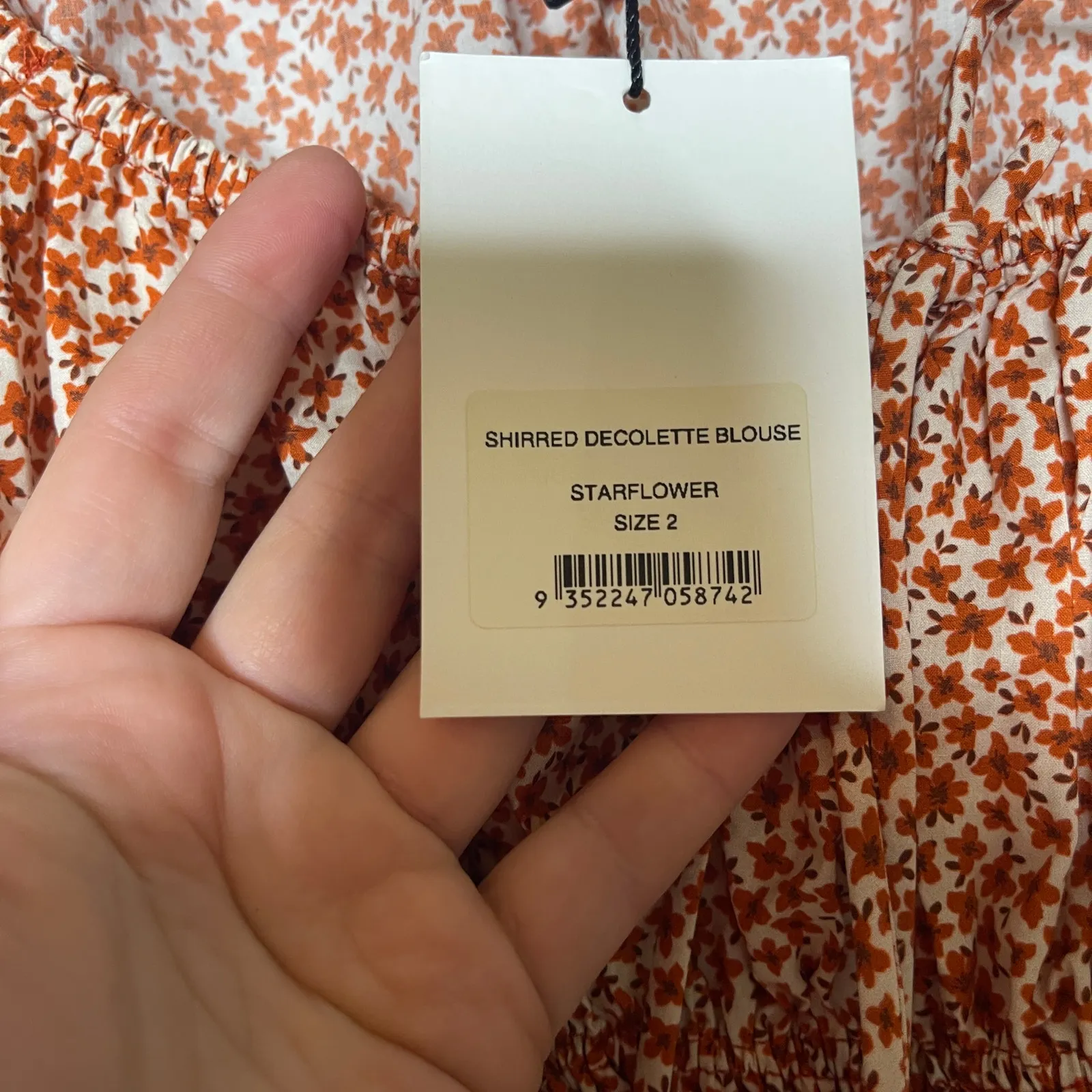 New MATTEAU Shirred Floral Crop Decollete Blouse ballon sleeves Sz 4 Orange - Image 5