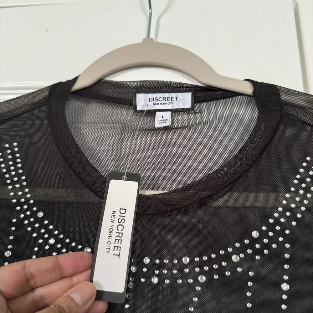 Discreet New York City NYC Black Mesh Sexy Body Bling Top Embellished Rhinestone - Image 6