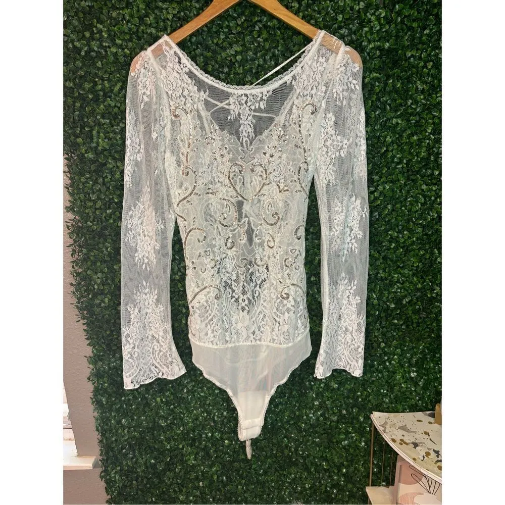 NWT $168 FREE PEOPLE Ready To Party Bodysuit White Embellished Lace Mesh Sheer S - Image 5