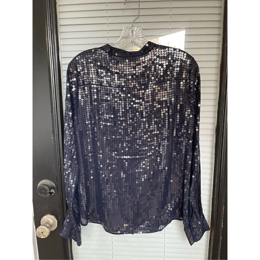 DKNY Sequin Long Sleeve Sheer Silk Blend Blouse Blue Size S - Image 4