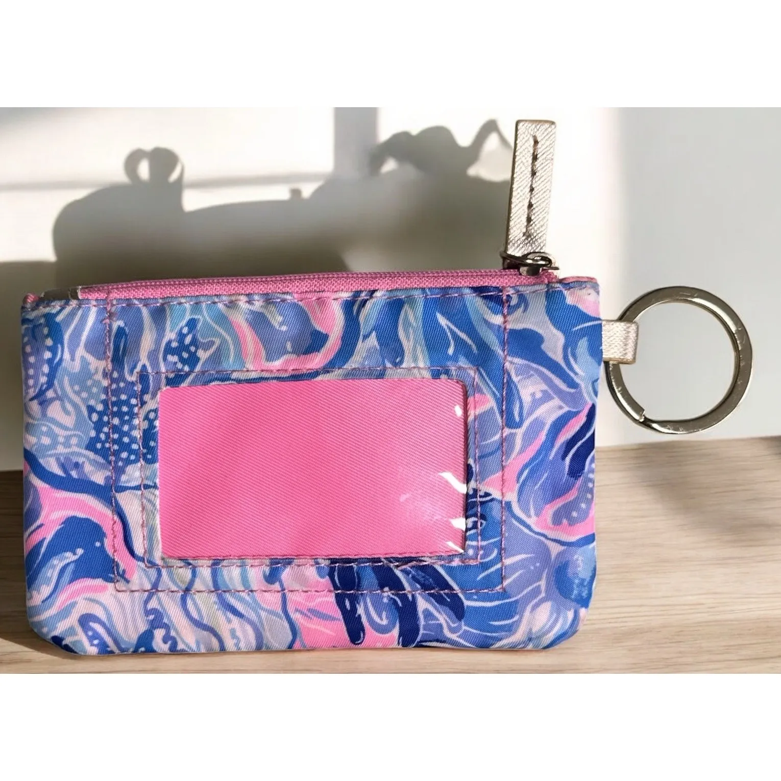 Lilly Pulitzer Wallet Pink Blue Zip ID‎ Case Gold Tone Keychain Card Holder - Image 2