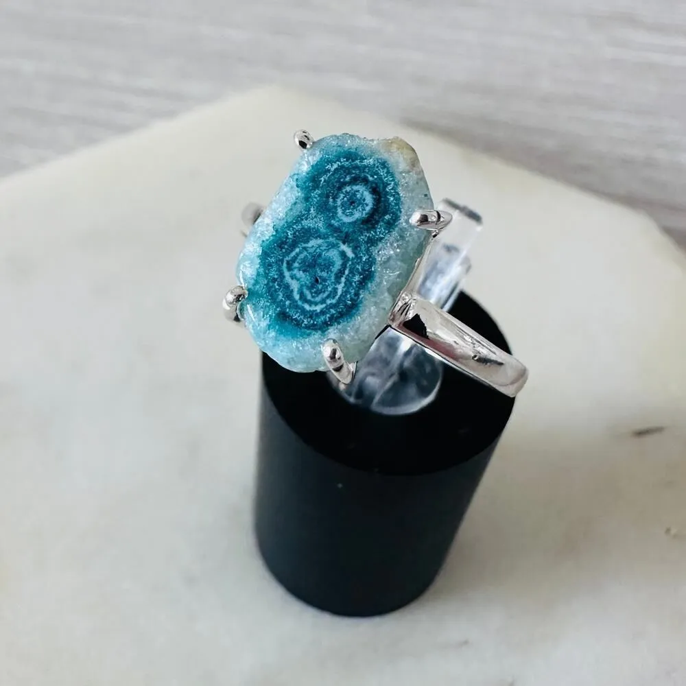 Sterling Silver Mediterranean Green Quartz Stalacitite Slice Ring Blue - Image 2