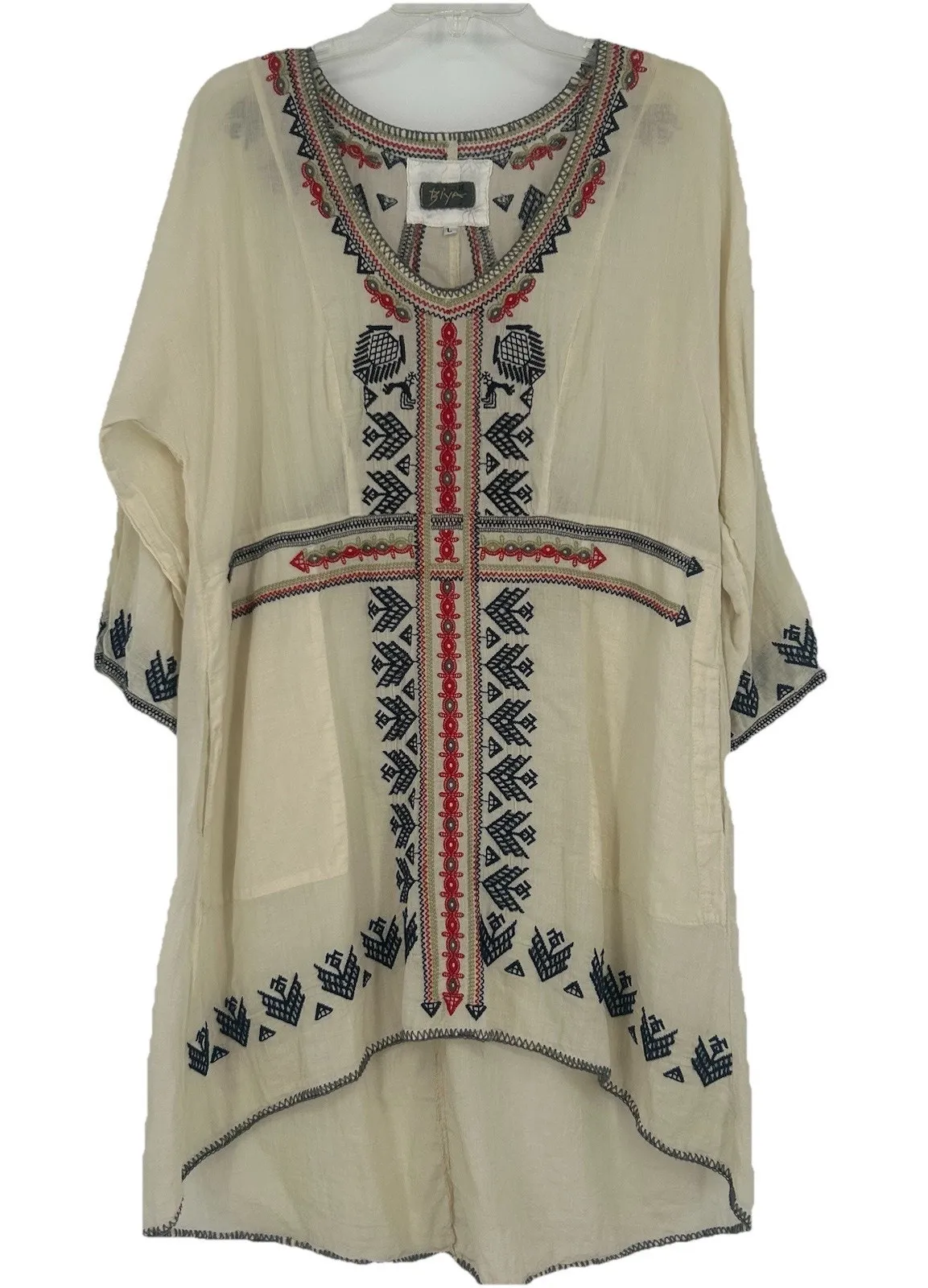 Johnny Was Biya Boho Tunic Top Cream Embroidered Pockets Hippie Sheer Size L - Image 1