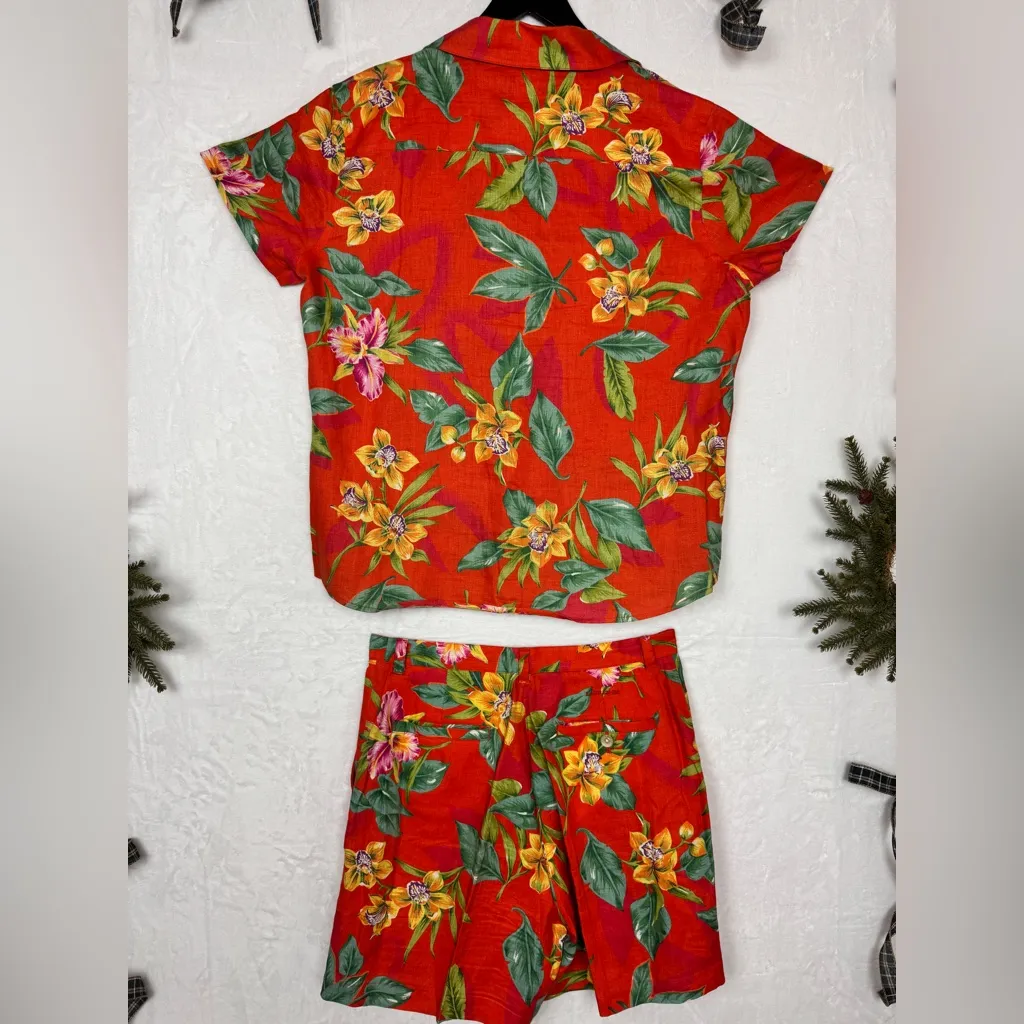 Lauren Ralph Lauren Hawaiian Flora Print Button Up Linen Shirt/Shorts Sz 10/L - Image 10